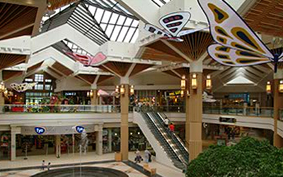Close view of inside view of mall in brown and white